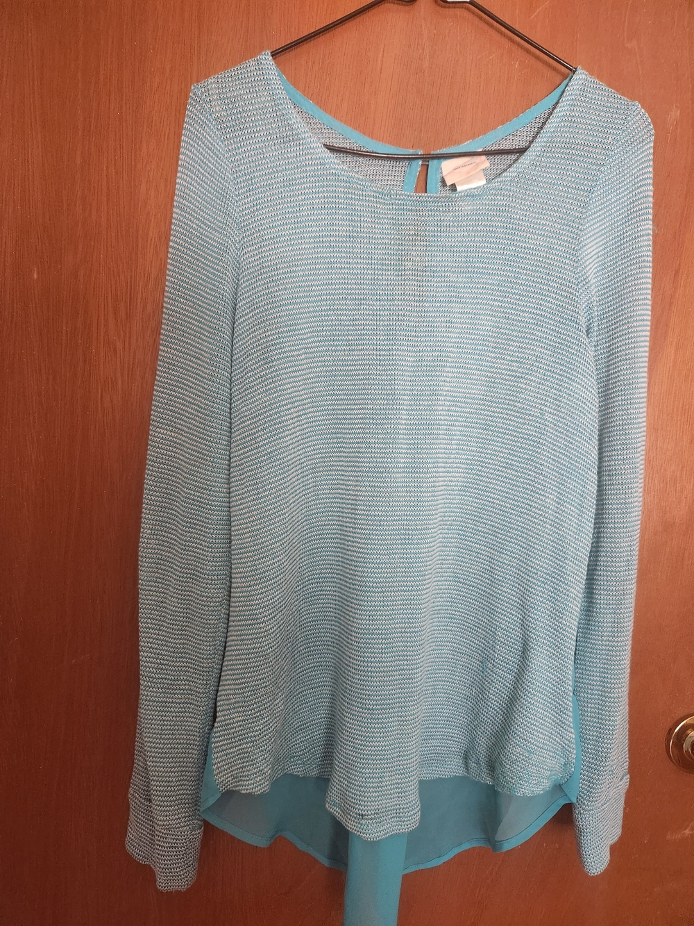 Self Esteem Light Blue Knit Long Sleeve Top with Sheer Hem Small